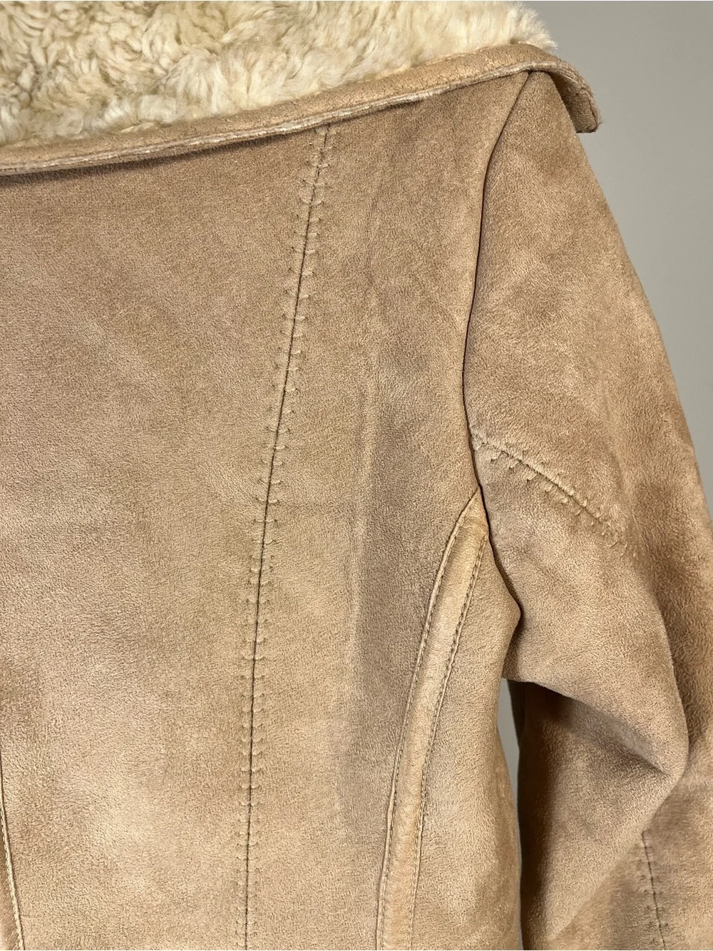 Mossimo Tan Faux Suede Coat Faux Fur Shearling Lining 70s Vintage Inspired